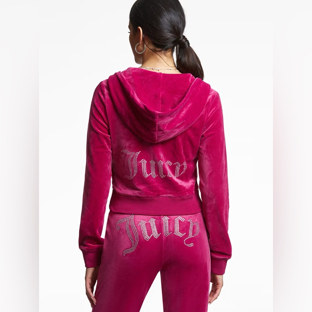 NEW! JUICY COUTURE Velour OG Bling Tracksuit Hoodie & Pant Set Pink Party